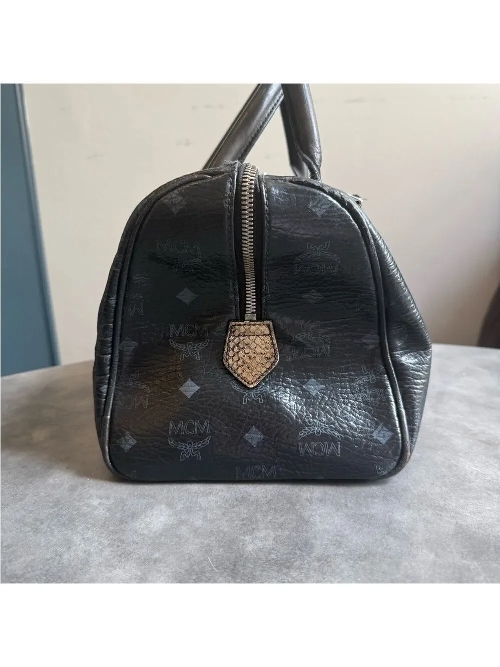MCM Black Lion Monogram Satchel with Metallic Accents